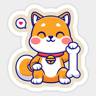 Cute Shiba Inu Dog Sitting With Bone Cartoon Sticker